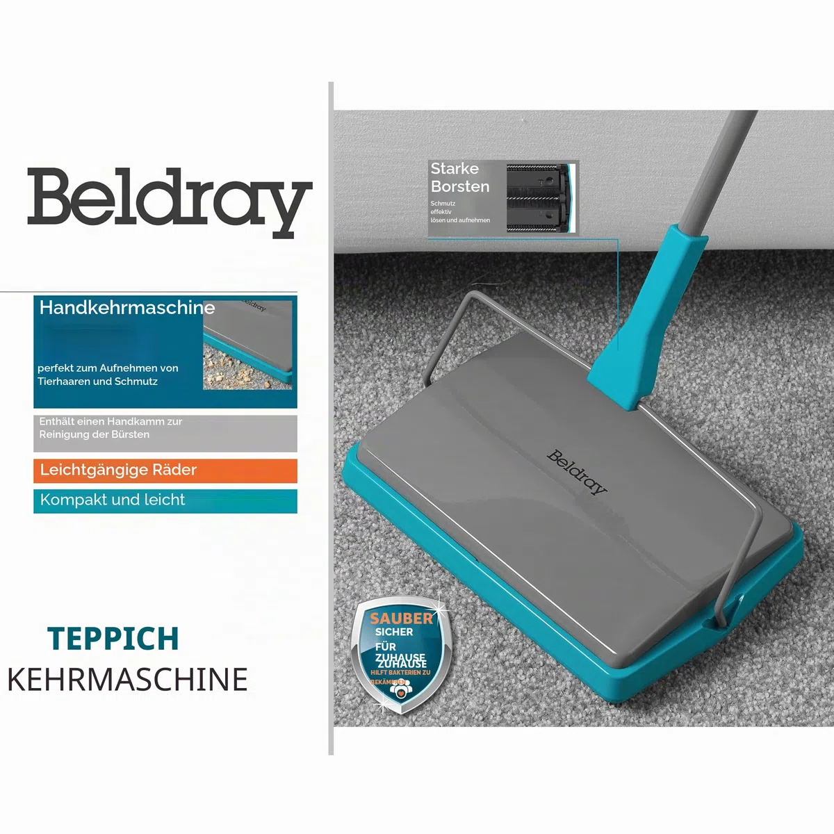 Beldray Teppichkehrer - Teppichkehrmaschine, manueller Teppichreiniger, Besen zum Reinigen von Teppichen und Hartböden, Tierhaarentfernung, Entfernen von Schmutz Haaren, leicht