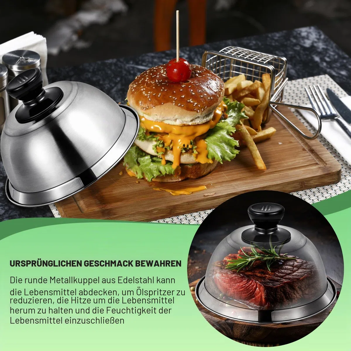 4 Stück Burgerglocke Edelstahl Burgercover, 16x6.7cm Grill Deckel, Burgerhauben Schmelzglocke Burger Glocke für Küche, Steak, Grill, Cheeseburger, Innen & Außen (mit Schraubenzieher)