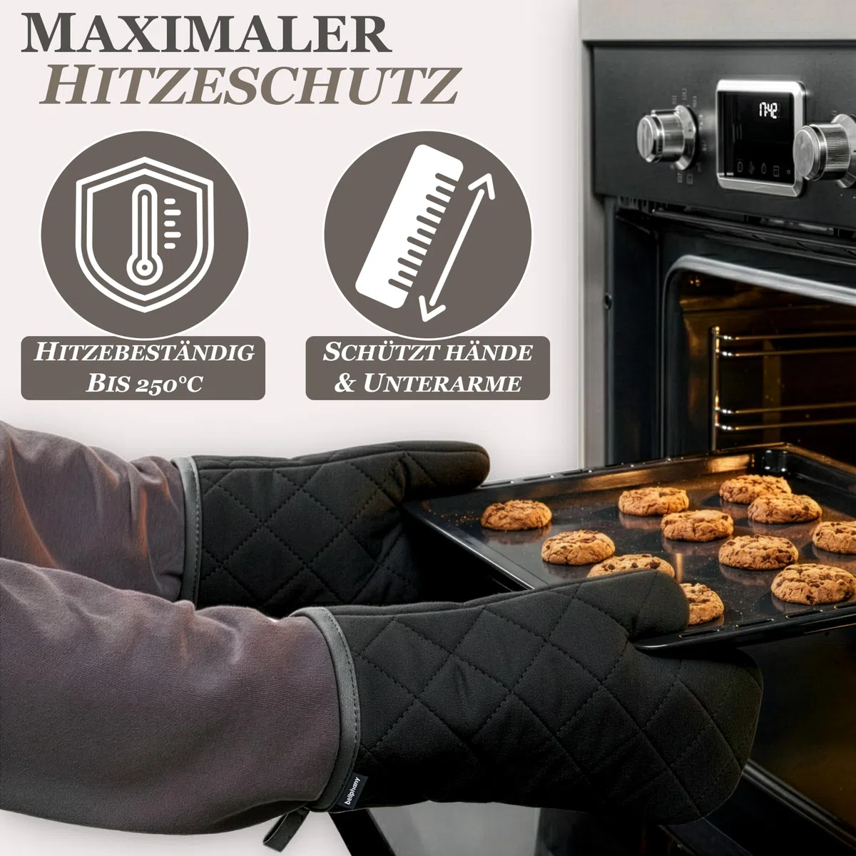 Bellphany Topflappen und Ofenhandschuhe Set - Topfhandschuhe zum Kochen & Backen, Backhandschuhe aus Baumwolle, hitzebeständig bis 250°C, Schwarz