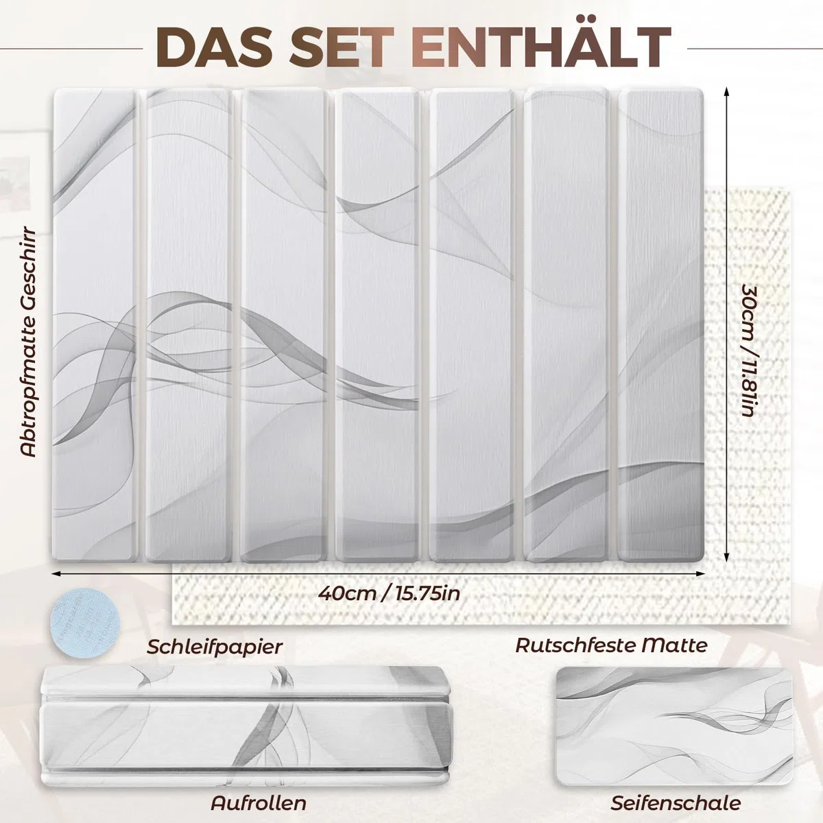 Abtropfmatte Geschirr 40 x 30 cm, Abtropfmatte Stein aus Kieselgur, Steinmatte Küche, Wasserabsorbierende Schnelltrocknende (Wellenmuster mit Seifenablage)