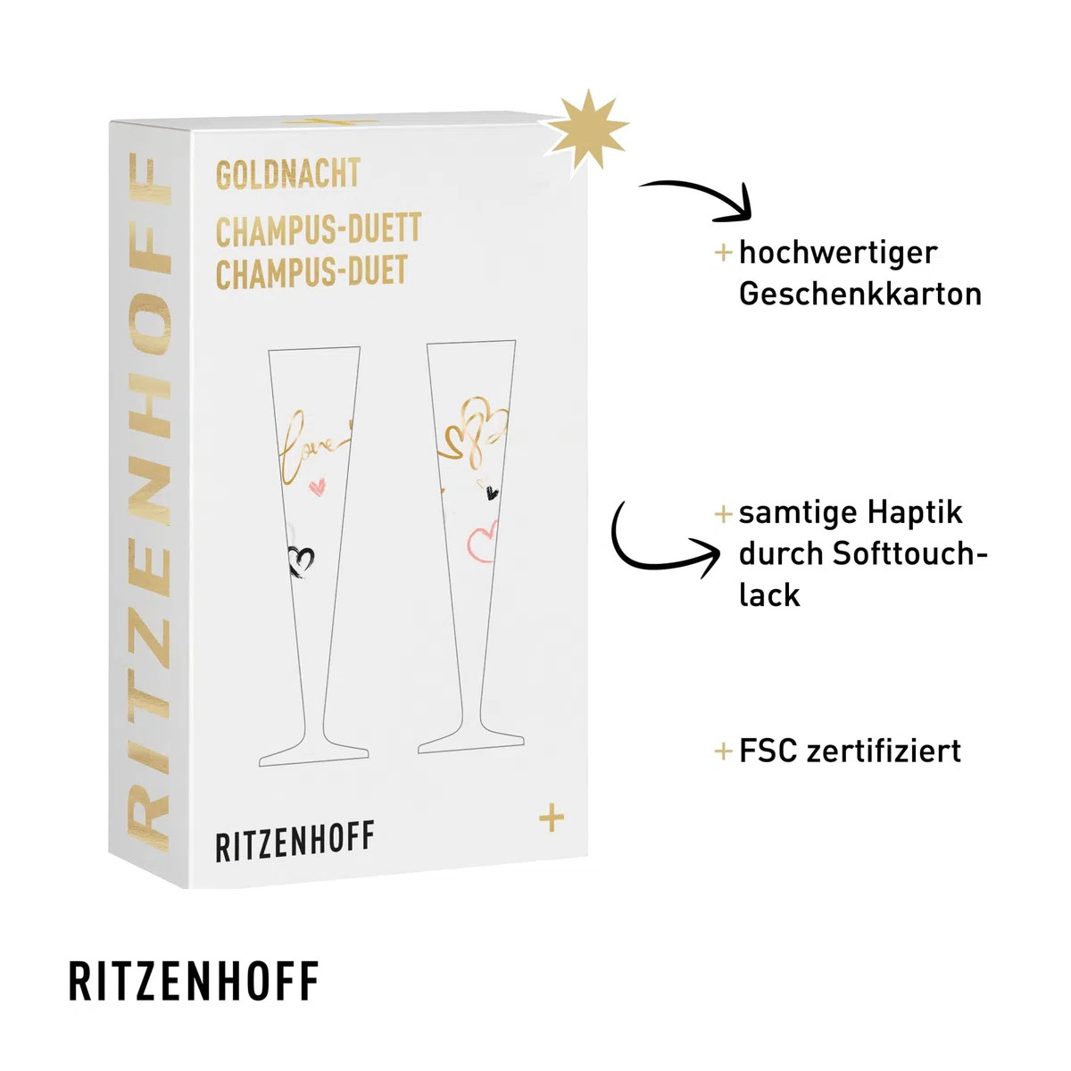 RITZENHOFF 6031004 Champagnerglas 200 ml - Serie Goldnacht Duett 2023, 2x Designerstück mit Echt-Gold - Made in Germany
