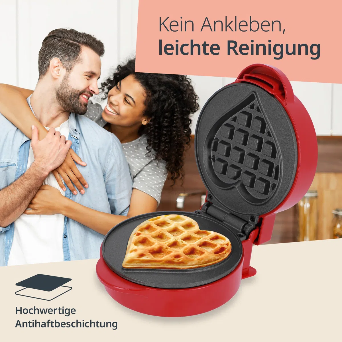 ADE Mini Waffeleisen Herzform | kleines Waffeleisen für 1 Person | Antihaftbeschichtung | 550 Watt | ideal für Geburtstag & Frühstück | rot