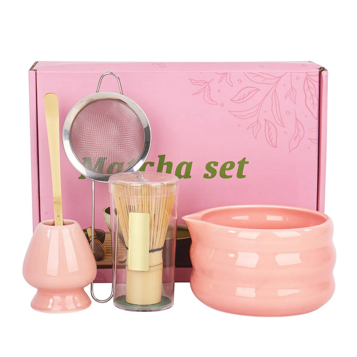5er Set Matcha Set mit Matcha Besen und Schale Sieb, Matcha Besen set Matcha Zubehör(Rosa)