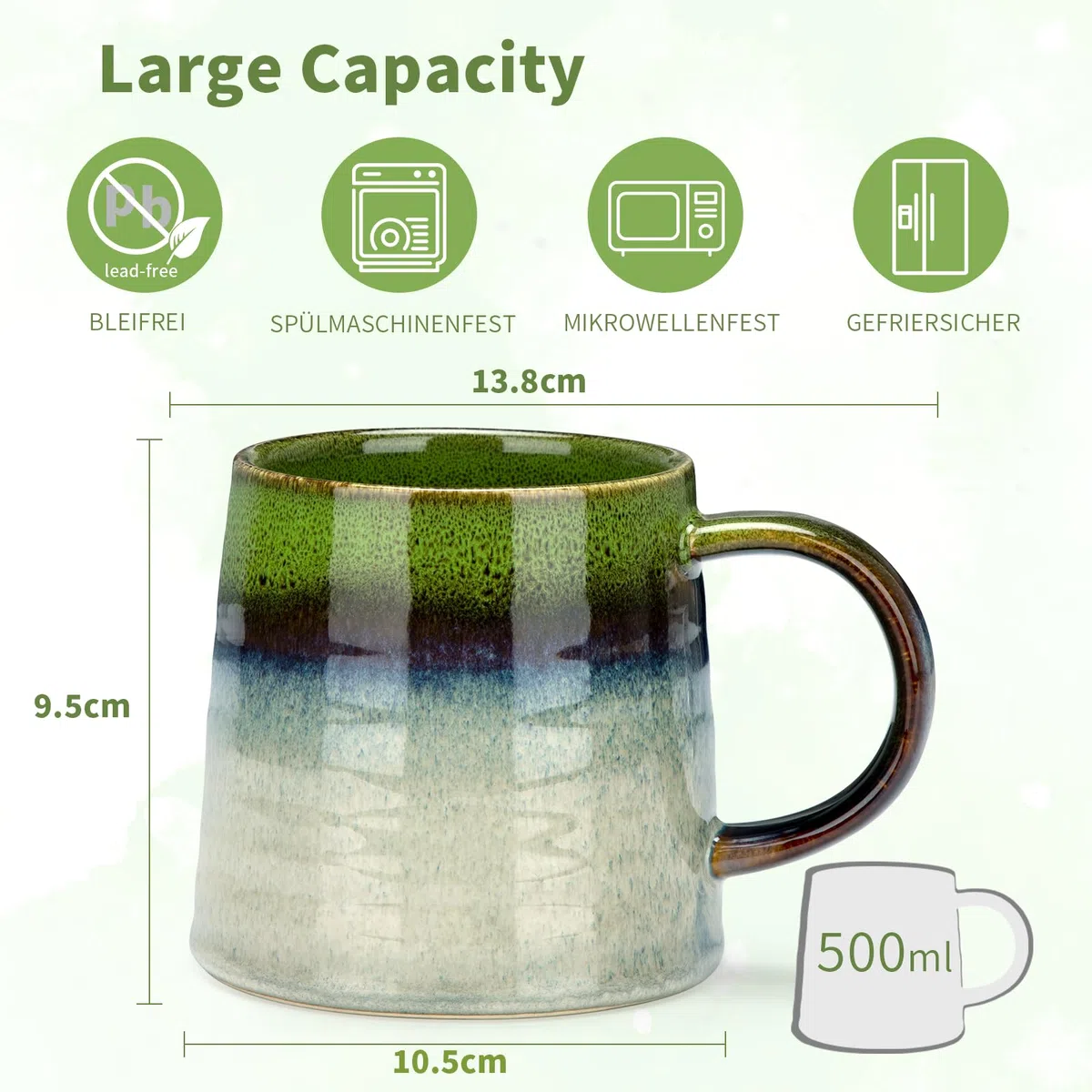 Kaffeetasse Groß, Cappuccino Tassen, Kaffeetasse aus Porzellan, Große Teetasse mit Henkel, Porzellan Cappuccino Tasse Kaffee Milch Tee Tasse (Grün)