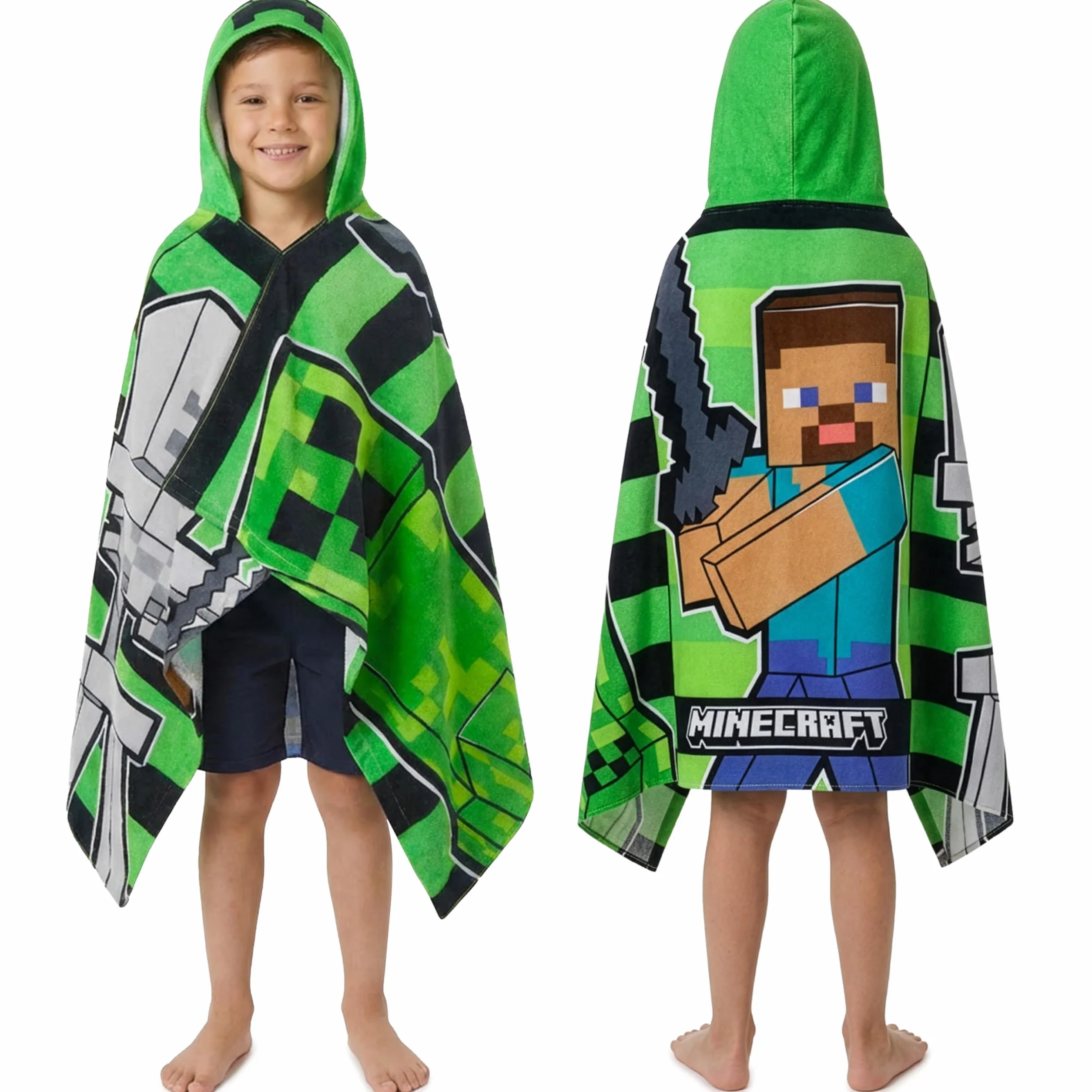 Minecraft Badetuch Kinder Kapuzenhandtuch Kinder Teenager Saugfähiger Creeper Badeponcho Mädchen Jungen für Strand Pool Schwimmen Gamer Geschenk (Grün/Schwarz, 6-14 Jahre)