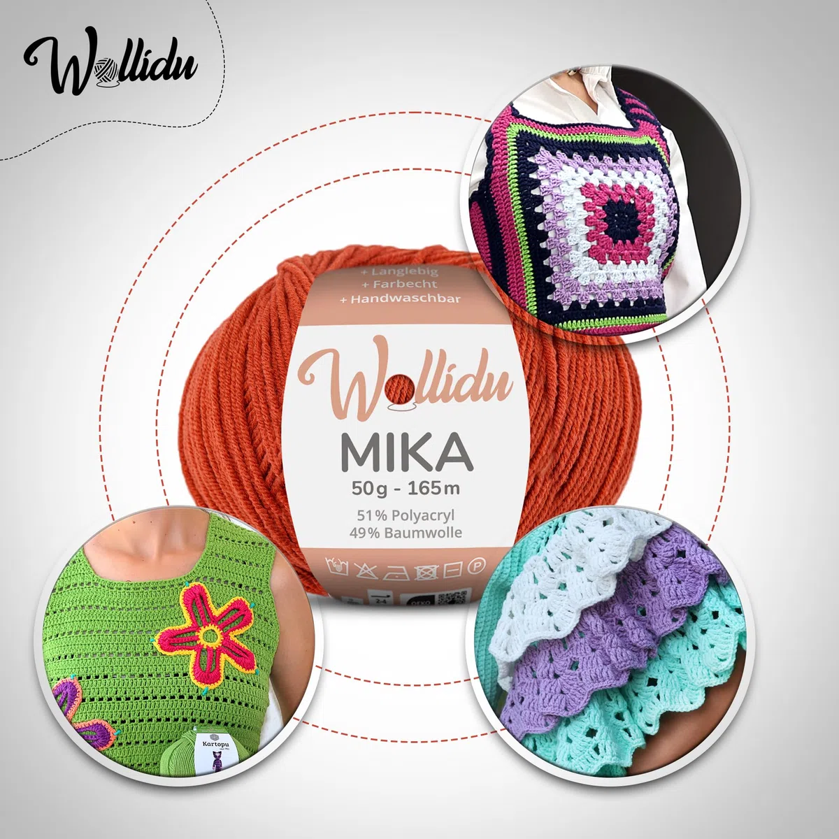 Wollidu Mika 51% Polyacryl 49% Baumwolle zum Häkeln und Stricken 10x 50g/165m Oeko-Tex Strickgarn Häkelgarn - Herbstrot