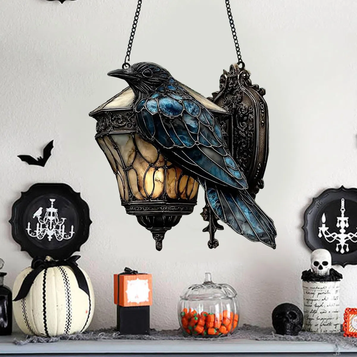 Rabe auf Laterne, Sun Catcher Rabe Gothic auf Laterne, Dekoration, 2D, Acryl, Sonnenschutz, Fake Buntglasfenster, zum Aufhängen, für Halloween, als Party-Dekoration, Dark Academia zu Hause