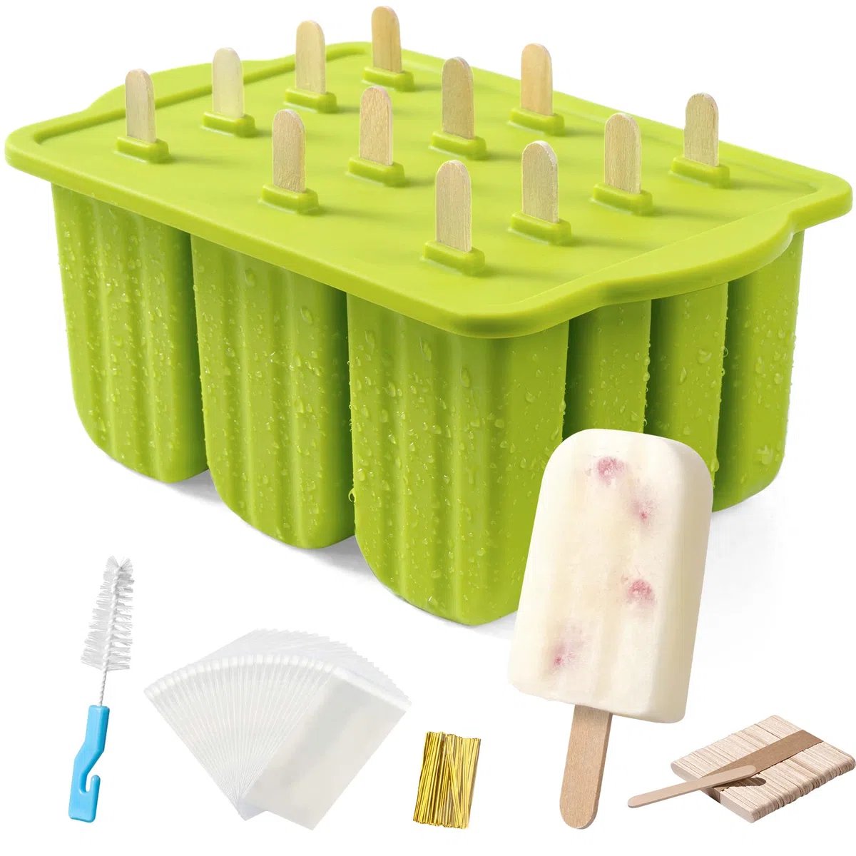 Eisformen Silikon,MEETRUE 12 Eis am Stiel Formen Silikon Eisformen Wiederverwendbar Popsicle Formen Leicht zu lösende BPA-freie Eis-Pop-Hersteller für Kinder und Erwachsene DIY Popsicle,Grün