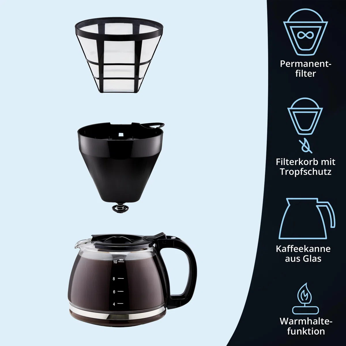 KHG Kaffeemaschine KA-128S in schwarz, Filterkaffeemaschine, inkl. Glaskanne, Permanentfilter, Warmhaltefunktion, Abschaltautomatik & Tropfstopp, schwarz, 1,25 Liter, 10 Tassen, 750 Watt