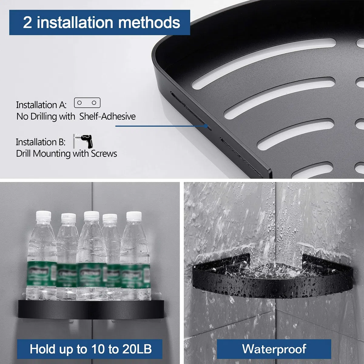 Duschregal Ohne Bohren Duschablage Schwarz Eckregal, Dreieck Duschkorb, Badezimmer Regal Badregal, Dusche für Bad Küche Toilette, Aluminium, 2 Stück