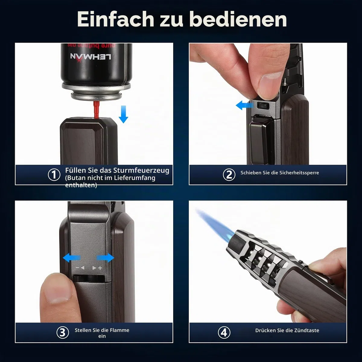 Butan-Feuerzeug, nachfüllbar, für die Küche, Kochfackel, winddicht, verstellbare Flamme, Solarstrahl, Backcreme, Brulee (Butangas nicht im Lieferumfang enthalten) (braun)