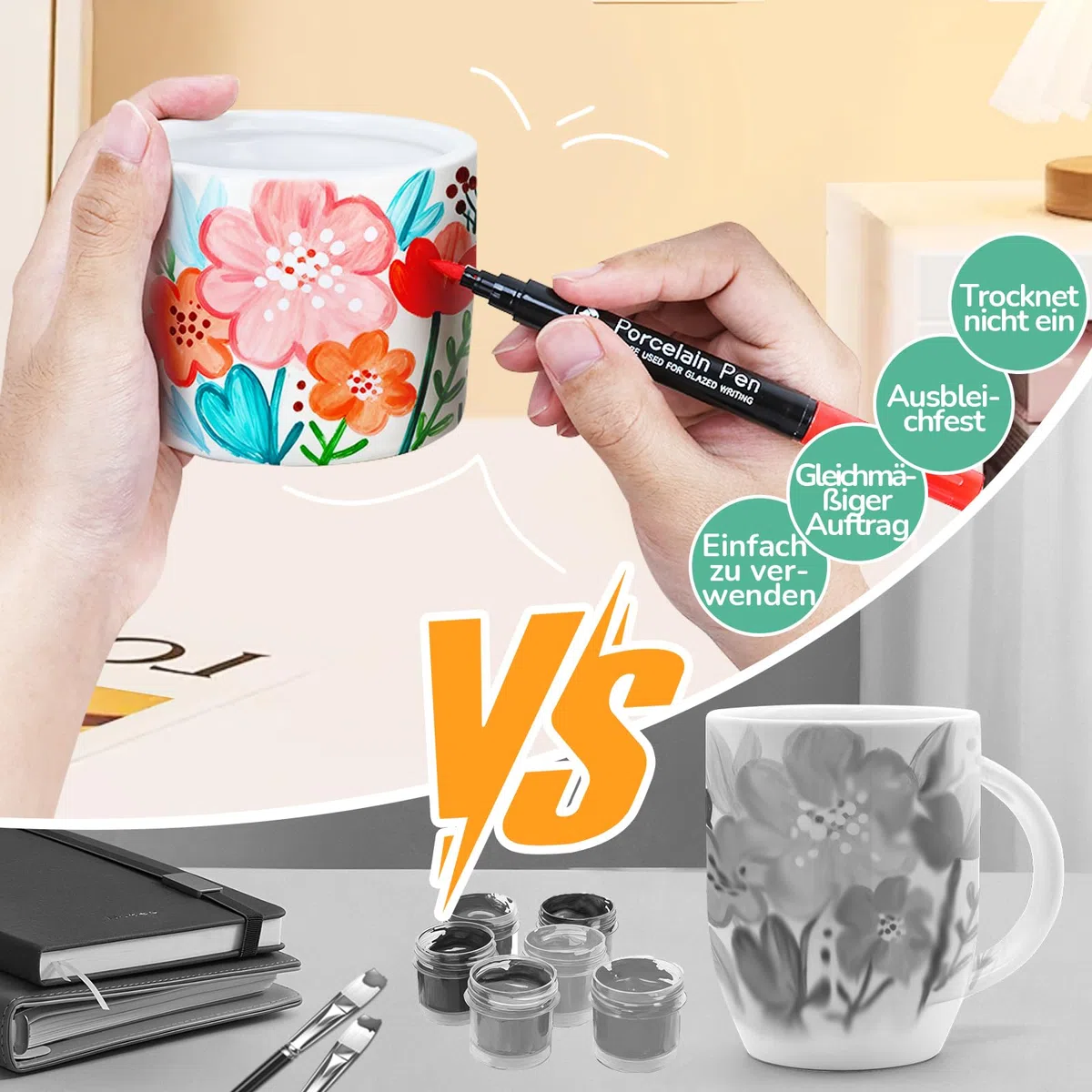 Philorn Keramik Tassen Bemalen Set DIY WeißE Porzellan Tassen Set mit 12 Ungiftige Porzellanstifte und Malinspirationen Kreatives Bastelset Erwachsene DIY Geschenk
