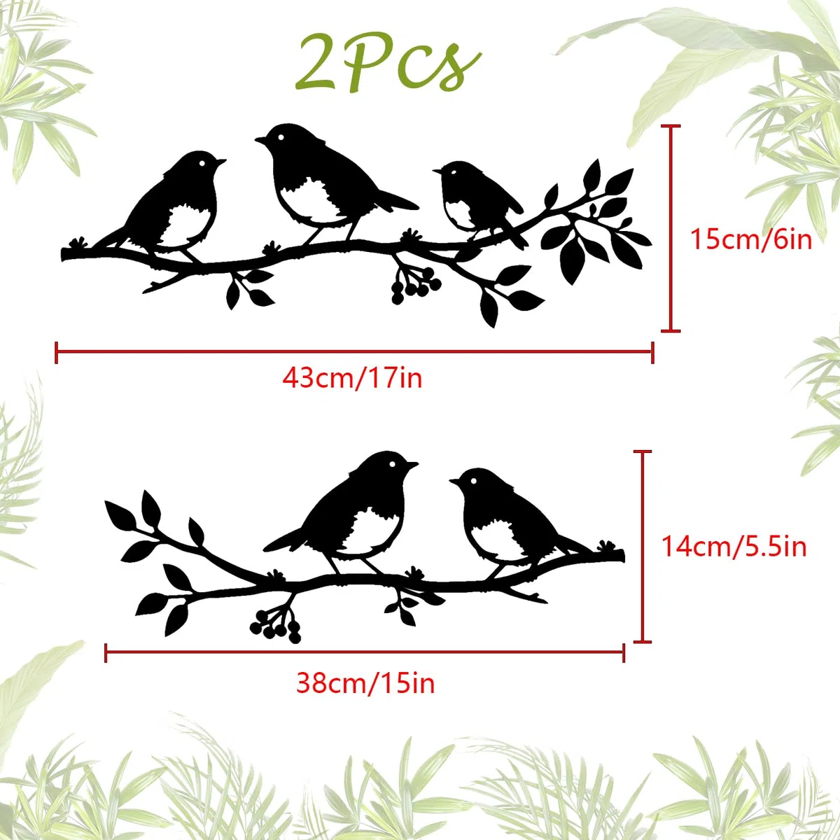 Pduoduo 2 Stück Metall-Vögel-Wandkunst mit hängenden Blättern | Metall Ornament Zweig, Wandhängende Zeichen, Für Balkon Indoor Outdoor, Dekoration