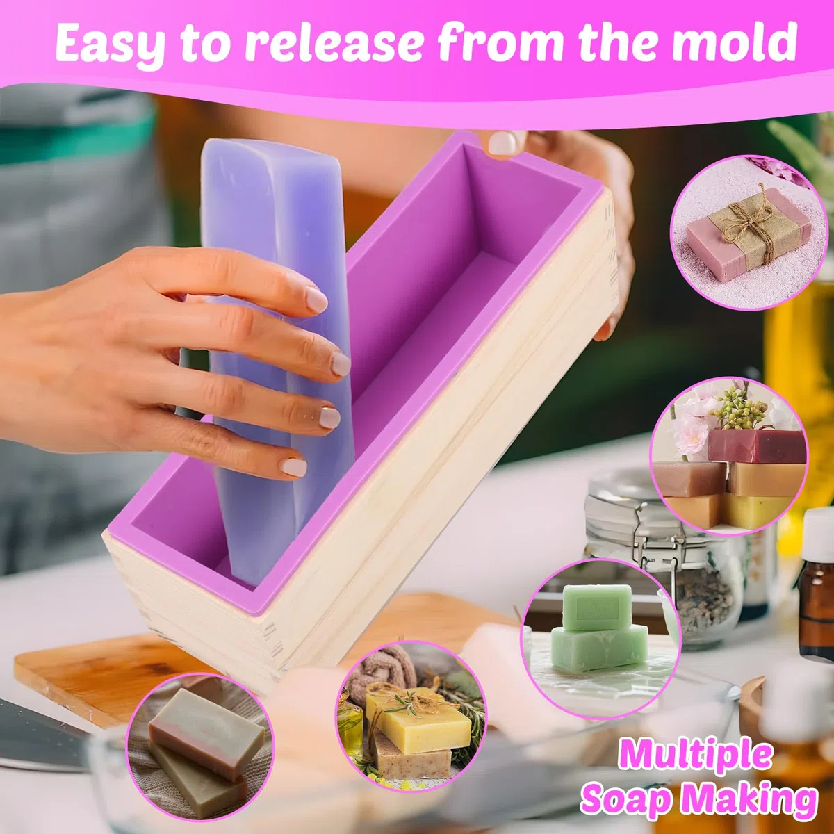 2 Stück Seifenformen Silikon, 1200ML Seifenform mit Holzbox, Rechteckig Silikonform Seife, Seifenherstellung Zubehör Form, vielseitig Silikonformen für Seife Selber Machen Kuchen Pudding