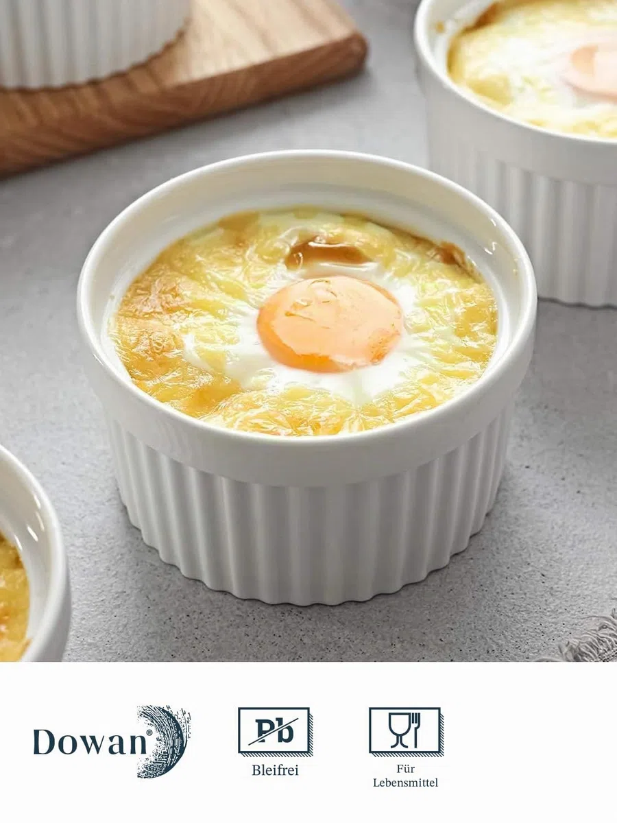DOWAN Creme Brulee Schälchen, Souffle Förmchen Backofenfest, Ofenfeste Förmchen, Keramik Ramekins für Ragout Fin Schalen, Leckere Würzfleisch, Muffin, Panna Cotta, 120 ml, Soft White