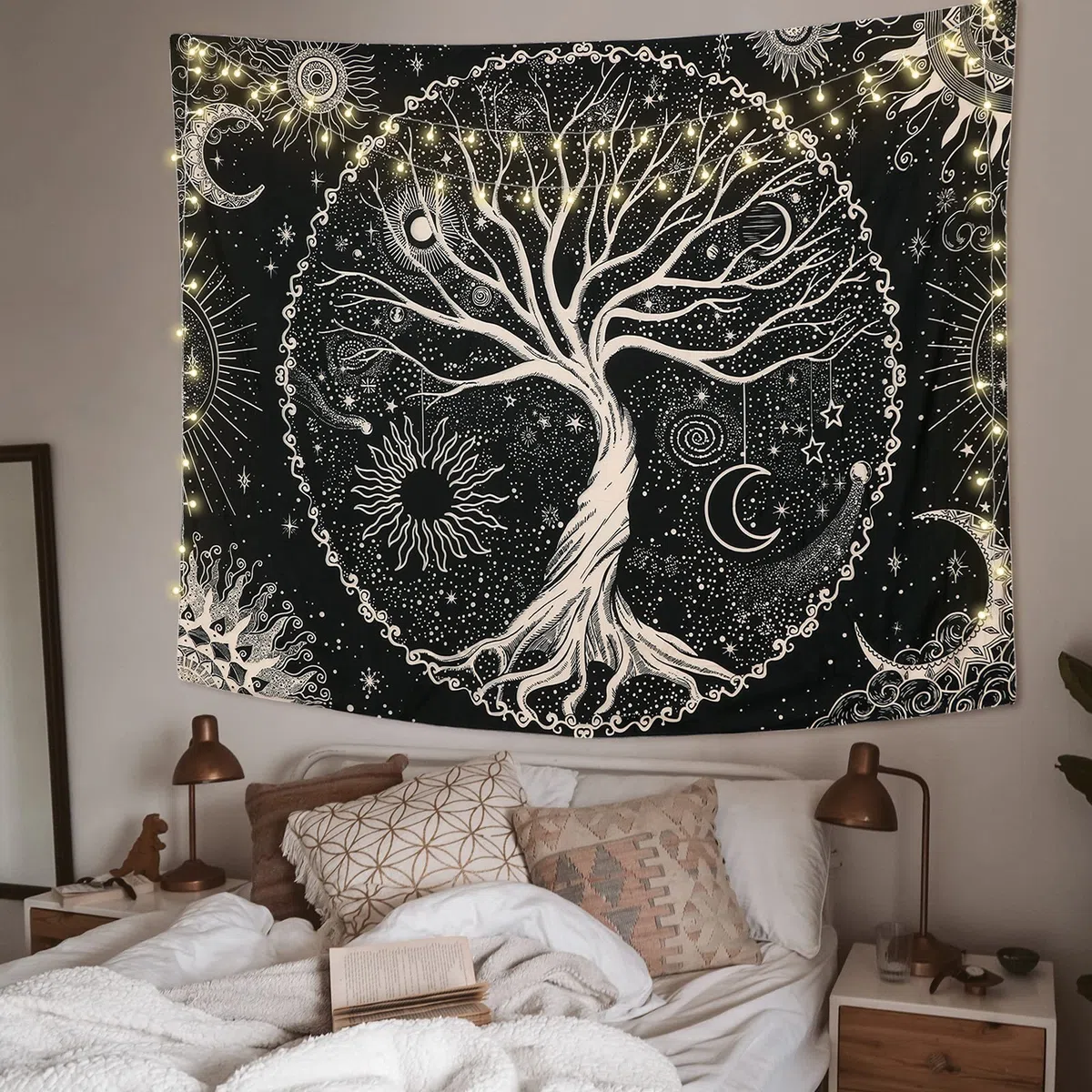 Betylifoy Baum des Lebens Tapisserie Mond und Sonne Schwarzer Wandbehang Psychedelisches Mandala Sternenhimmel Wandteppich Hippie Schlafzimmer (148x200cm)