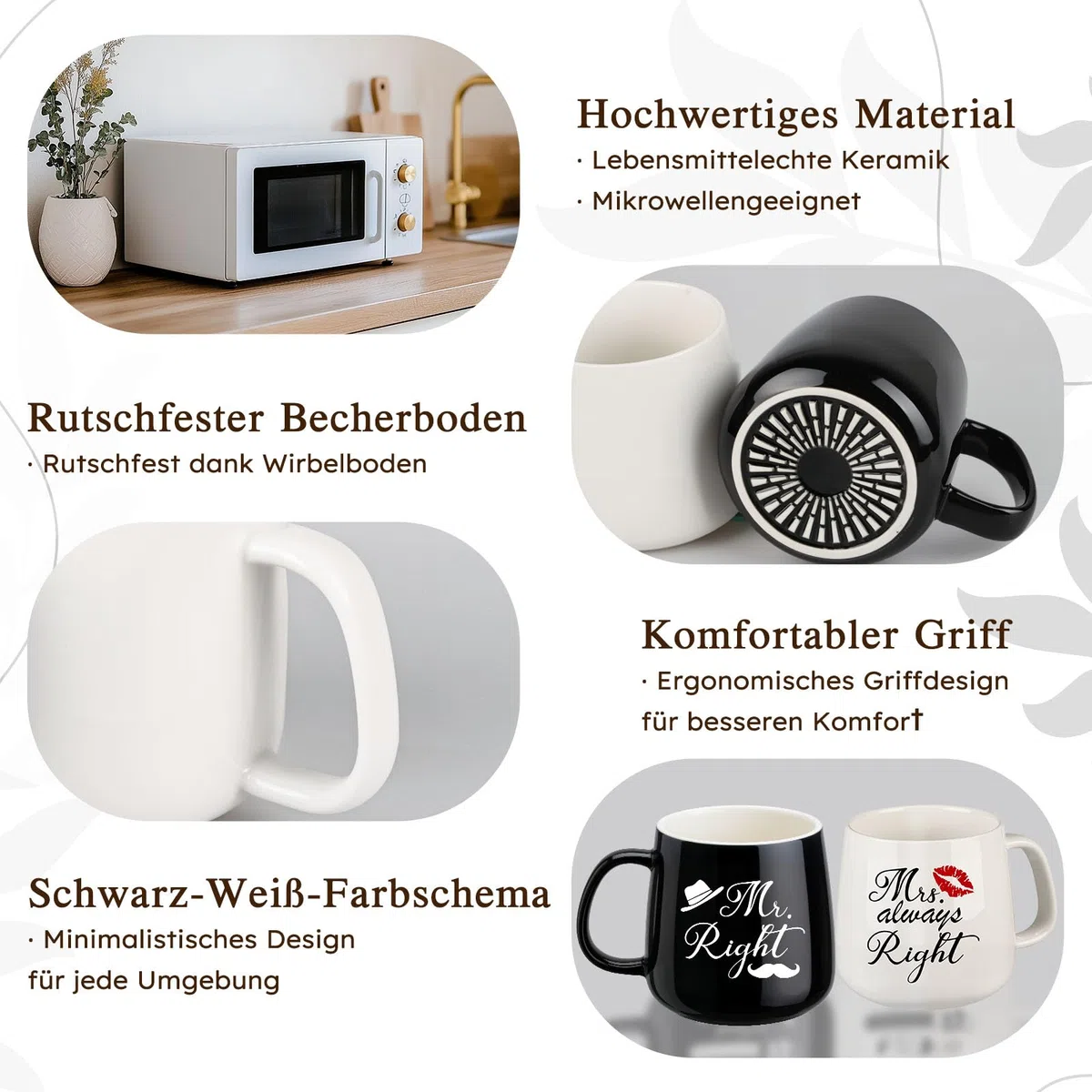 TUZELIYA Mr. Right & Mrs. Always Right Partnertassen Set – Hochzeitsgeschenk für Brautpaare, Frauen & Männer - Schwarz und Weiß Tassen Paar geschenke & Jahrestagsgeschenke für Ihn Sie