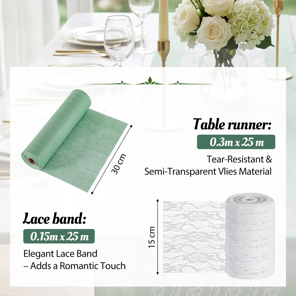 Tischdeko Set Eukalyptus Grün, Vlies Tischläufer 0.3m x 25 m + Spitzenband Weiß 0.15m x 25 m– 2 Rollen Tischband zum Zuschneiden für Kommunion, Taufe, Konfirmation, Hochzeit, Geburtstag