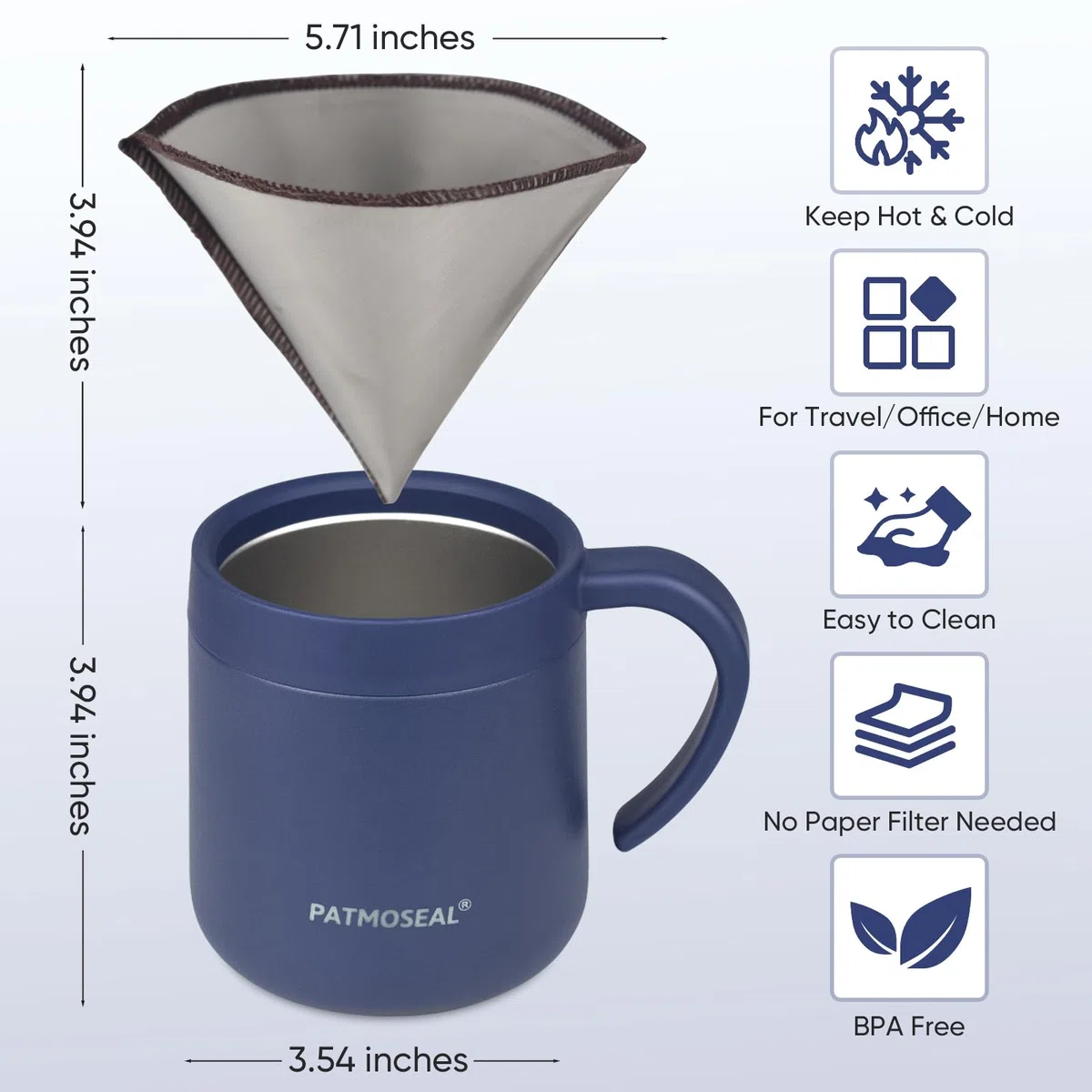 Pour Over Kaffeemaschine mit papierlosem Filter, vakuumisolierter Becher mit spritzwassergeschütztem Deckel und Griff, 2-in-1 für Büro, Zuhause, Reisen, Camping, 350 ml (Marineblau)