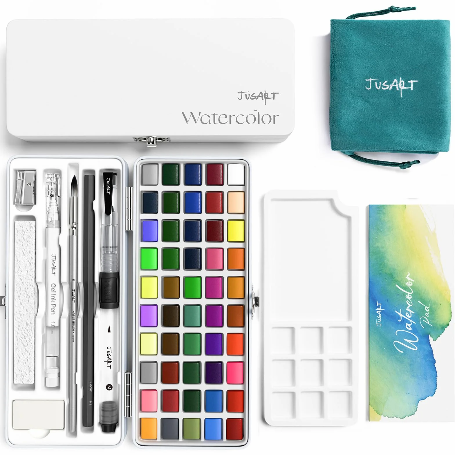 JusArt Aquarellfarben-Set mit 50 Farben, Künstlerbedarf mit Metallic-Farben, Detailpinseln, Wasserpinseln und tragbarem Reise-Malset für Künstler, Profis, Erwachsene und Kinder