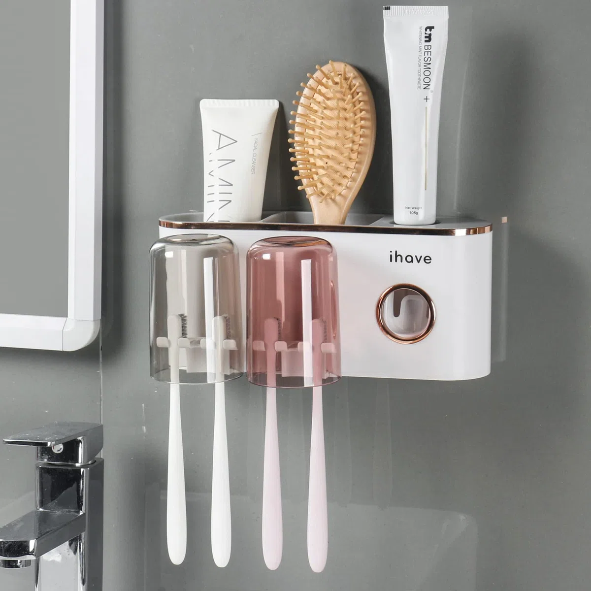iHave Zahnbürstenhalter Wand mit Zahnpastaspender, Toothbrush Holder mit 2 Zahnputzbechern, elektrische Zahnbürste Halter ohne bohren, Multi Badezimmer Organizer & Aufbewahrung für Familie (Weiß Gold)
