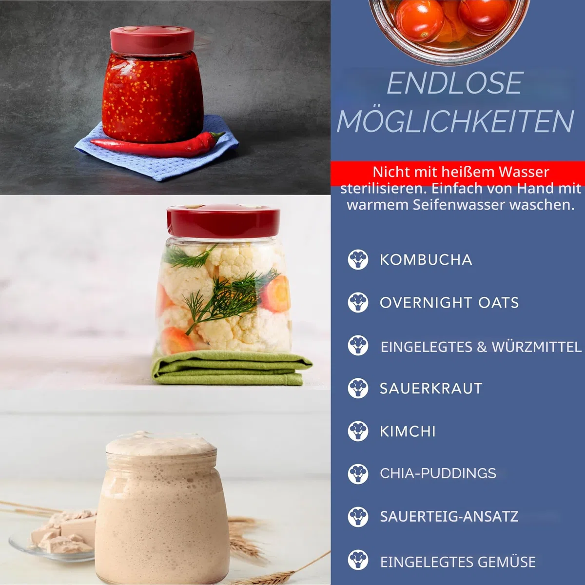 HEFTMAN Gärglas mit 1-Wege-Luftablassöffnung - 1 Liter 2er-Pack Lebensmittelecht Fermentierglas für Kefir, Kimchi, Sauerkraut, Sauerteigstarter, Overnight Oats - Gärgläser 2 Stück (Rot)