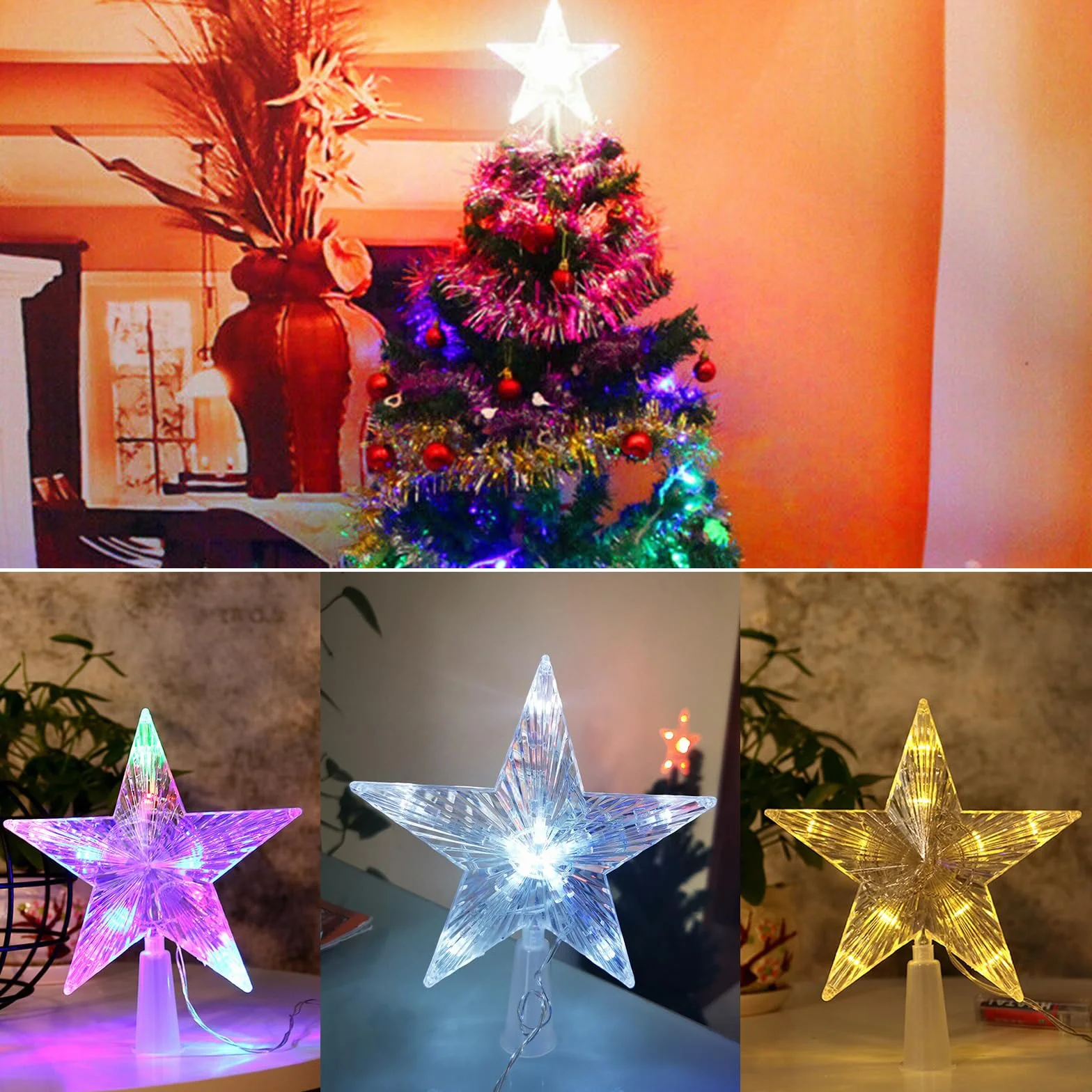 Christbaumschmuck, Weihnachtsbaumspitze mit 10 LED Benötigt Batterien - 23 x 23 cm, Leuchtendes Weihnachtsbaum-Pentagramm, Weihnachtsbaum Stern Spitze Baumspitze (Farbiges Licht, 23 * 23cm)