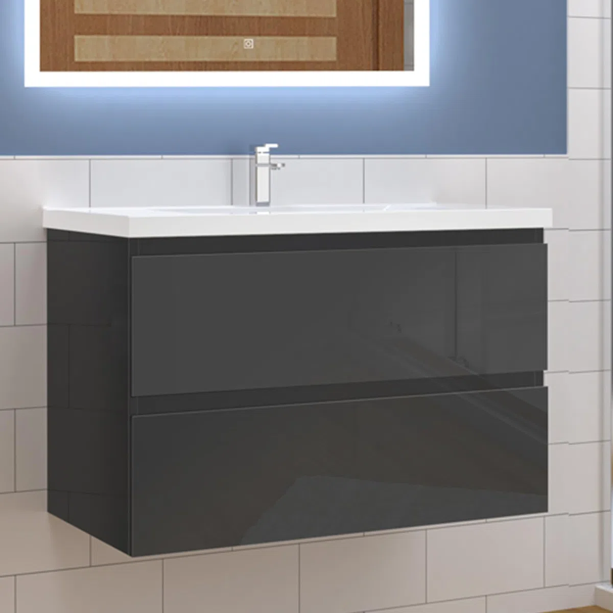 Aica Sanitär Waschtisch mit Unterschrank 100cm Alast Badmöbel Set Hochglanz Anthrazit Waschbecken mit Unterschrank MDF Softclose