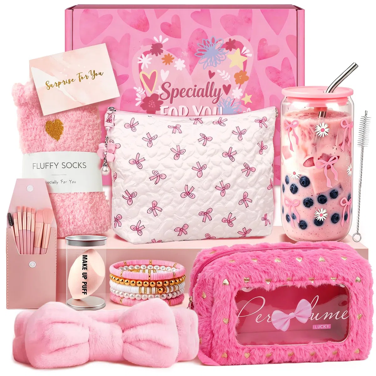 Geschenke für Mädchen, Geburtstagsgeschenk für 9 10 11 12 13 14 15 16 17 18 Jährige Mädchen Teenager mit Kosmetiktasche, Glas, Socken, Haarband, Pinselset Geschenkidee für Freundin Schwester