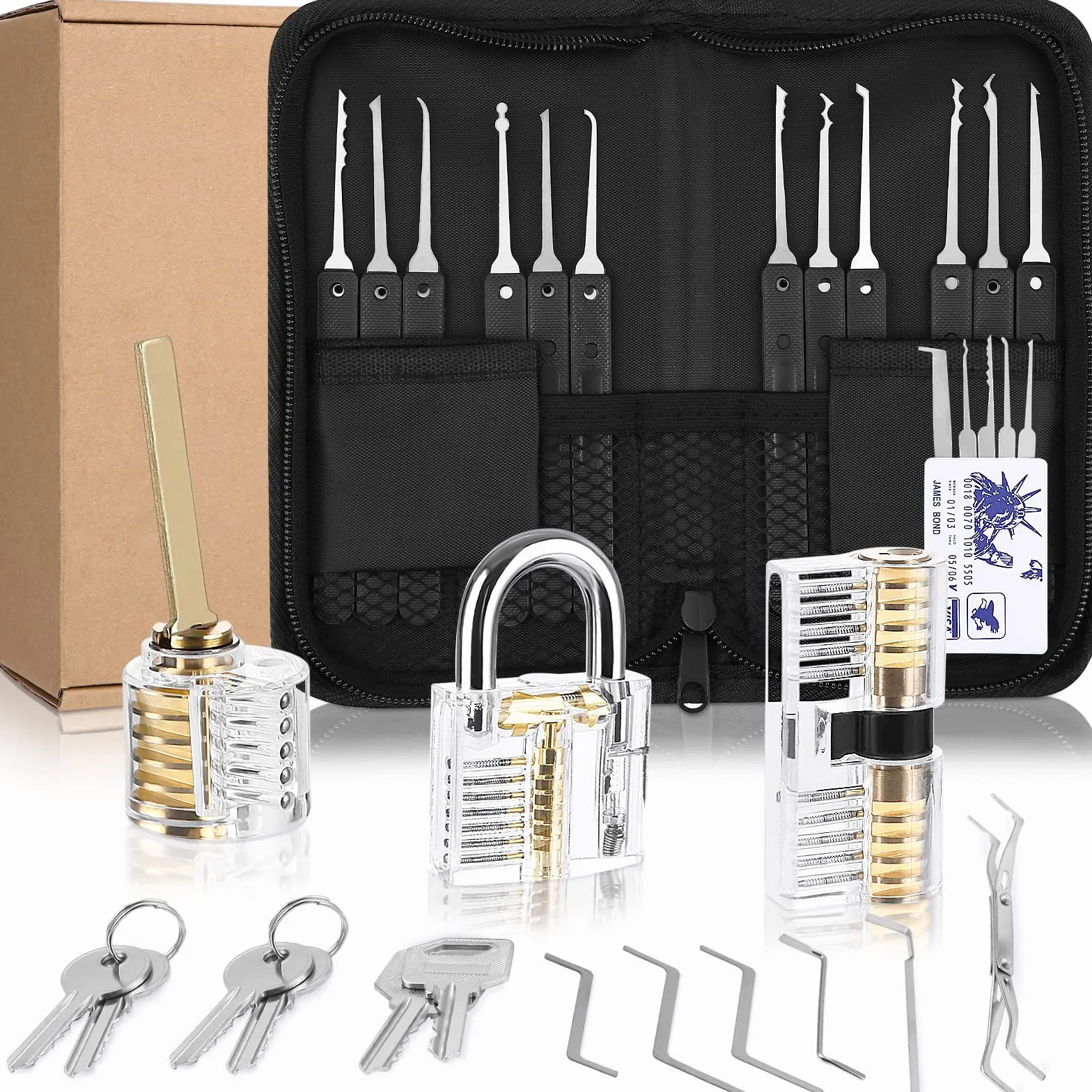 Lockpicking-Set, 34-teilig, Trainingswerkzeuge mit 3 transparenten Vorhängeschlössern, Lockpicking-Kit, bequemer Silikongriff, für Schlösser Anfänger und Profis