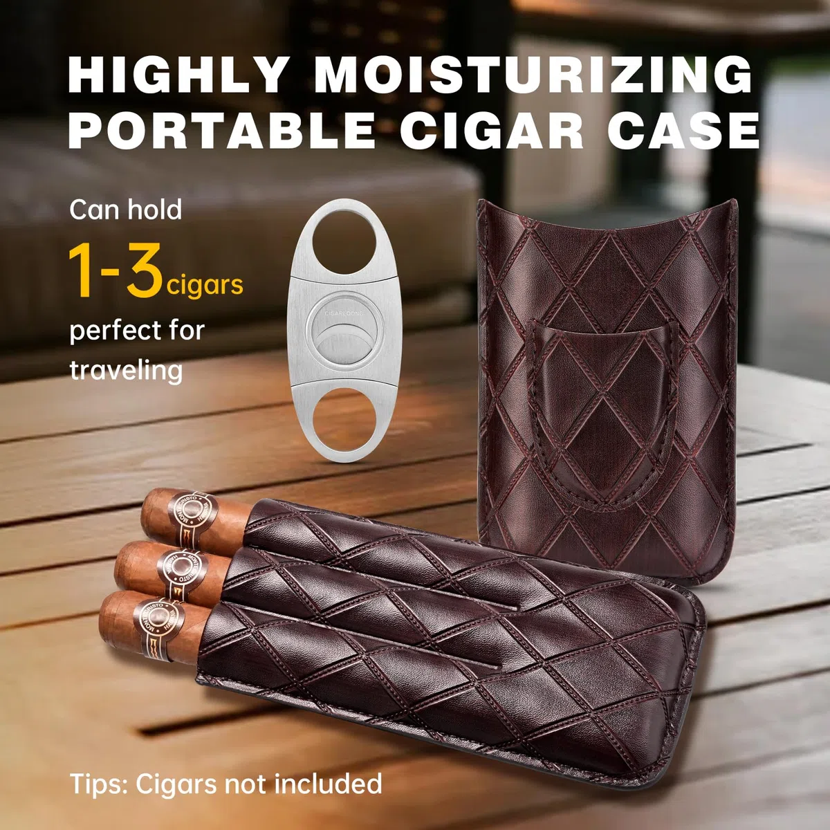 Zigarrenetui Leder Reise Humidor für 3 Röhren, Reise Zigarrenetui Tragbarer Zigarren Humidor Box mit Zigarrenschneider aus Edelstahl, Samttasche und Geschenkbox für Draußen, Kirschfarbe