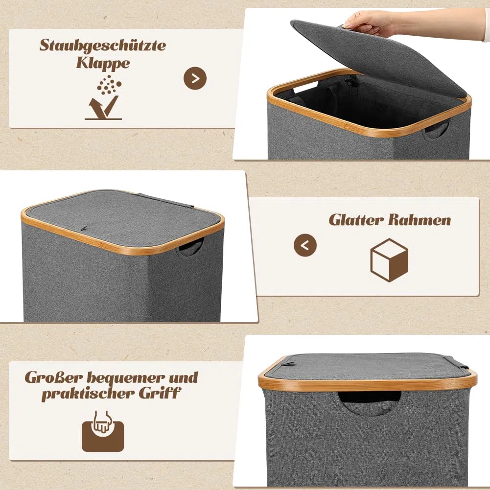 OUSFOT Wäschekorb mit Deckel 105L Wäschesammler faltbar aus 600D Oxford-Gewebe mit Abnehmbarem Wäschesack Bambus-Wäschebox Wäschesortierer Wäschetonne Laundry baskets Grau