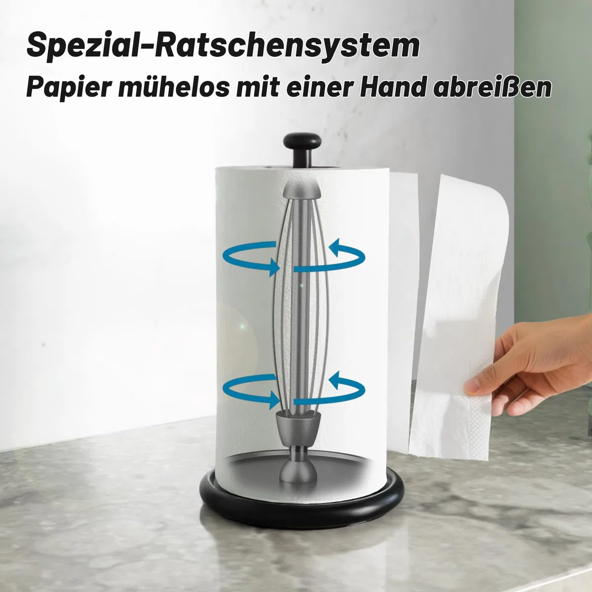VEHHE Küchenrollenhalter Schwarz – Edelstahl Stehend mit Einhandbedienung & Ratschensystem für Präzise Papierabtrennung, Rutschfester Standfuß, Passend für Alle Gängigen Küchenrollen