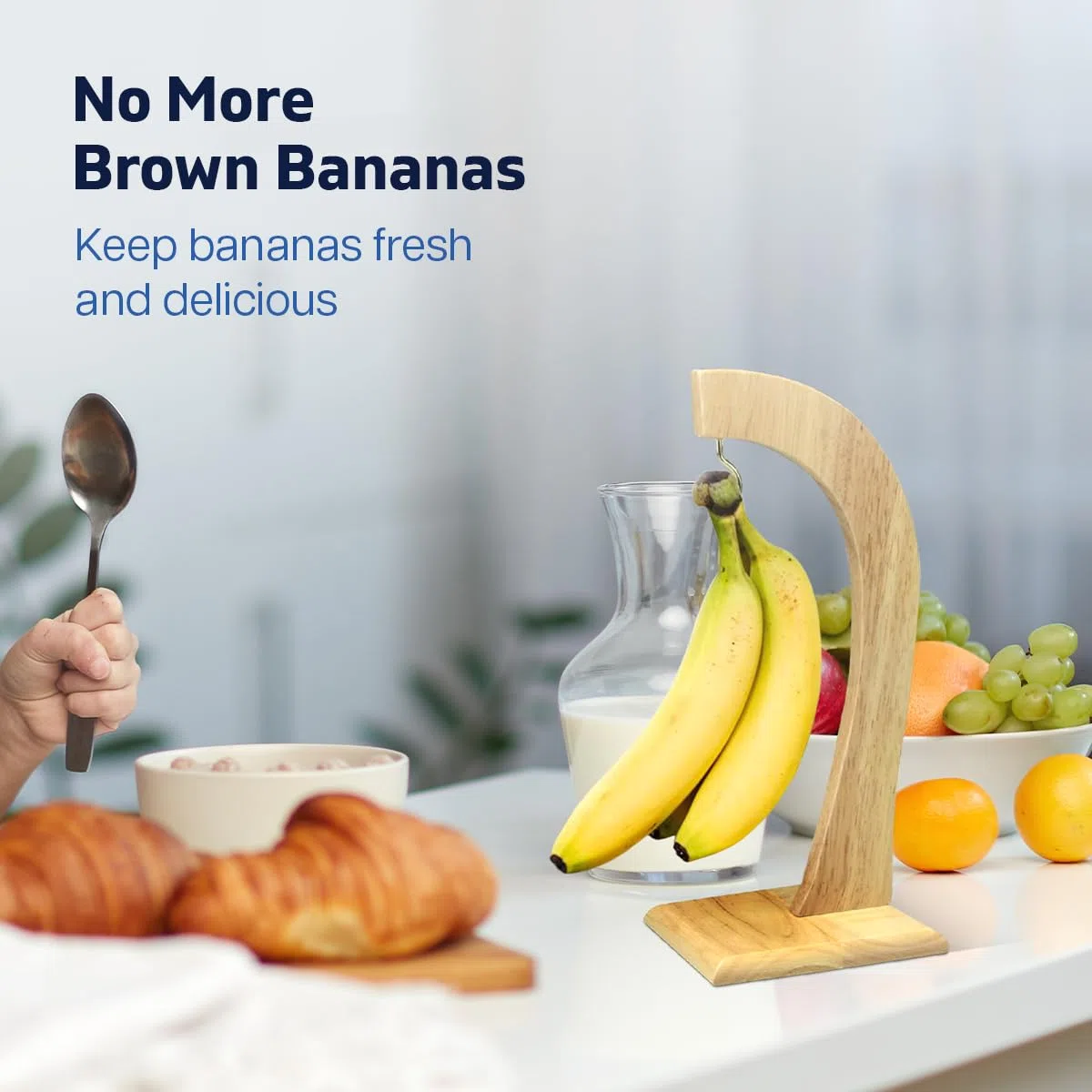 Besto Bananenhalter Ständer | Bananenaufhänger mit Gummi-Holzständer | Obstständer für Küchentheke | Bananenbaumständer mit Metallhaken | Bananenständer um Bananen frisch zu halten