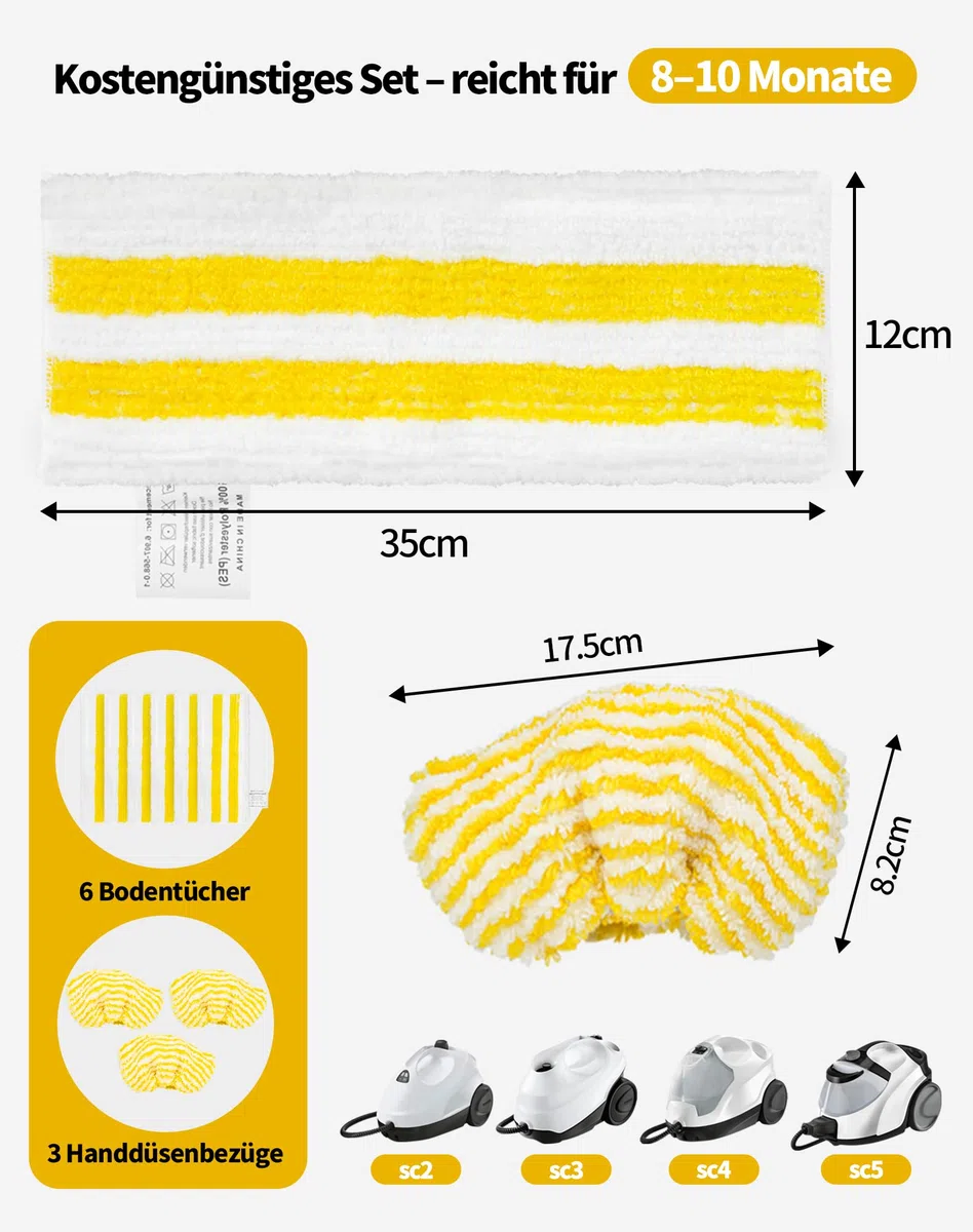 9 Stück Zubehör für Kärcher EasyFix SC2 SC3 SC4 SC5 - inkl. 6 Bodentücher & 3 Mikrofaser-Wischbezüge für Kärcher Dampfreiniger EasyFix Serie