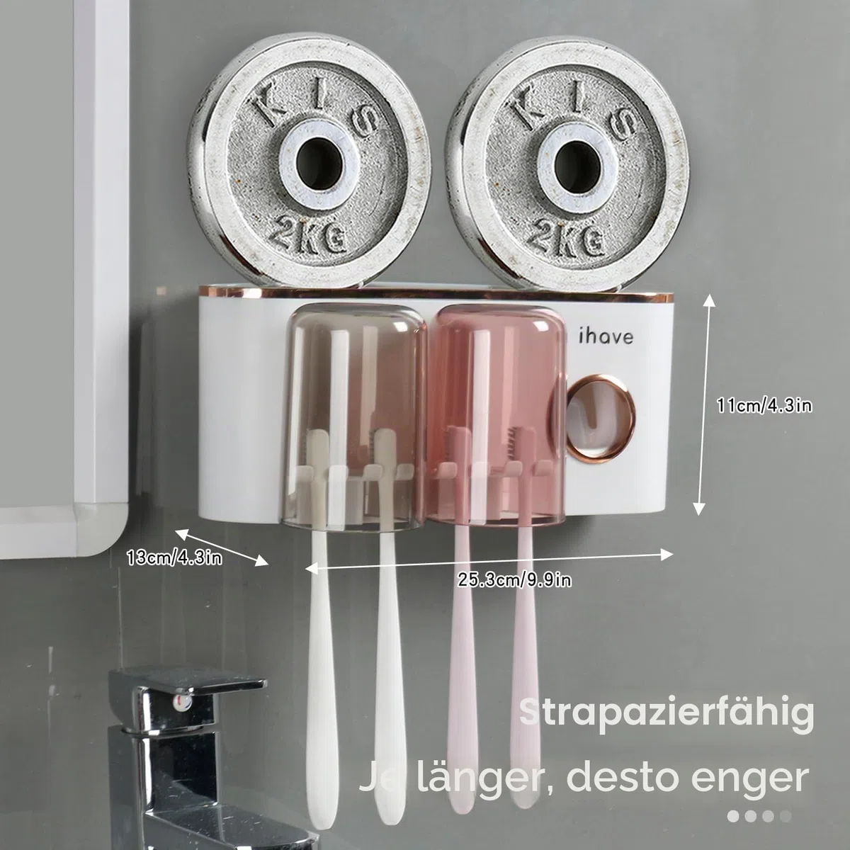 iHave Zahnbürstenhalter Wand mit Zahnpastaspender, Toothbrush Holder mit 2 Zahnputzbechern, elektrische Zahnbürste Halter ohne bohren, Multi Badezimmer Organizer & Aufbewahrung für Familie (Weiß Gold)