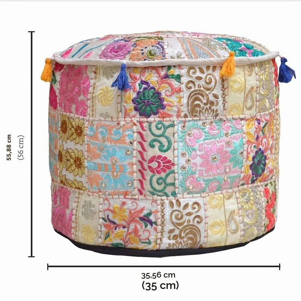 Indischer Pouf Fußhocker, ethnisch, bestickt, Baumwolle, rund, Beige, 56 x 36 cm