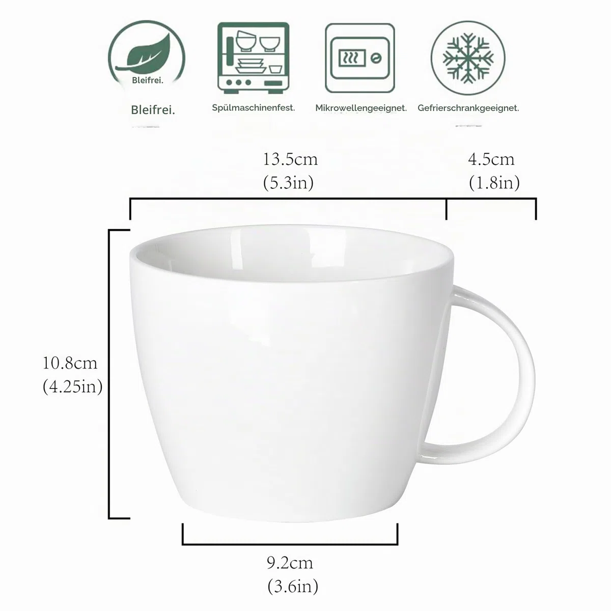 850 ml große Kaffeetasse, Keramik Jumbo Suppenschüssel mit Henkel, Müslischassen, klassische Trinkbecher, für Latte, Cappuccino, Kakao, Milch, Tee und Glühgetränke, weiß