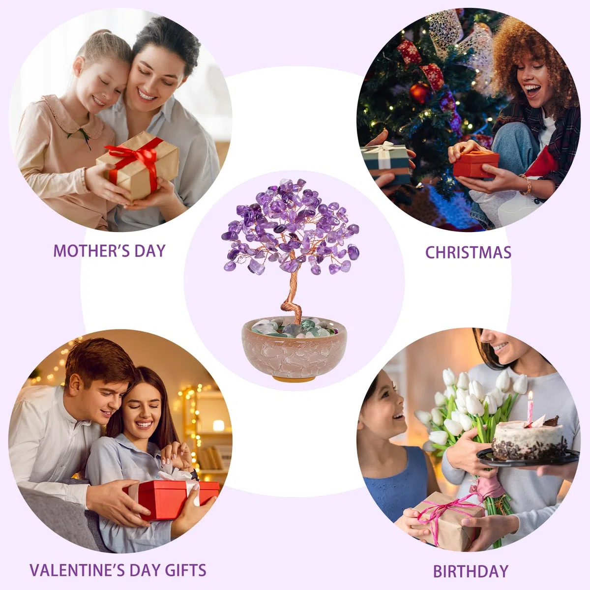 Amethyst Kristallbaum des Lebens - Handgemachter Rosenquarz Edelstein-Dekobaum für Raumdekoration, Beruhigendes Zen-Geschenk für Frauen