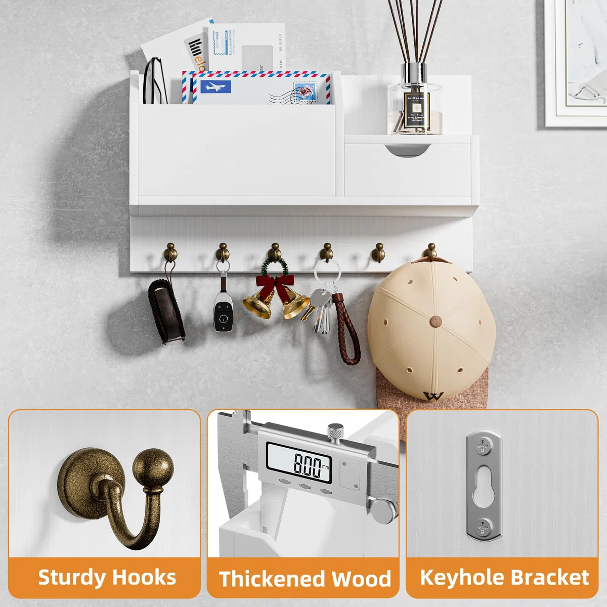 Schlüsselablage, Wandhalterung mit 6 Haken und Aufbewahrungsschublade, Schlüsselbrett Holz, Wand Schlüsselhaken, Wandregal für Schlüsselanhänger Organizer, für Eingang Wohnzimmer Flur Büro (weiß)