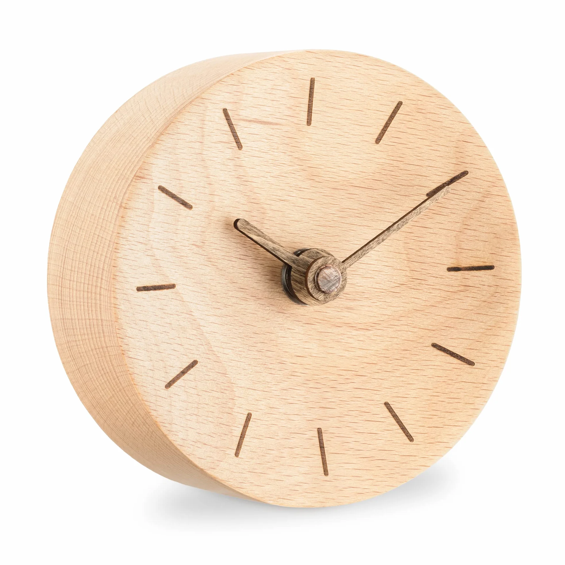 Navaris Analog Holz Tischuhr rund - 11 x 11 x 3,5cm - analoge Deko Tisch Uhr ohne Ticken mit Holz Ziffernblatt und Zeigern - leise Holzuhr Hellbraun