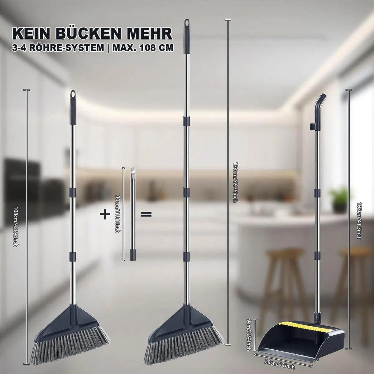 Besen und Kehrblech Set mit langem Stiel, höhenverstellbar, 4-lagige Borsten mit gesplitteten Spitzen, metallverstärkte Kehrblechkante, Kammzähne gegen Haare – Kein Spalt. Kein Restschmutz
