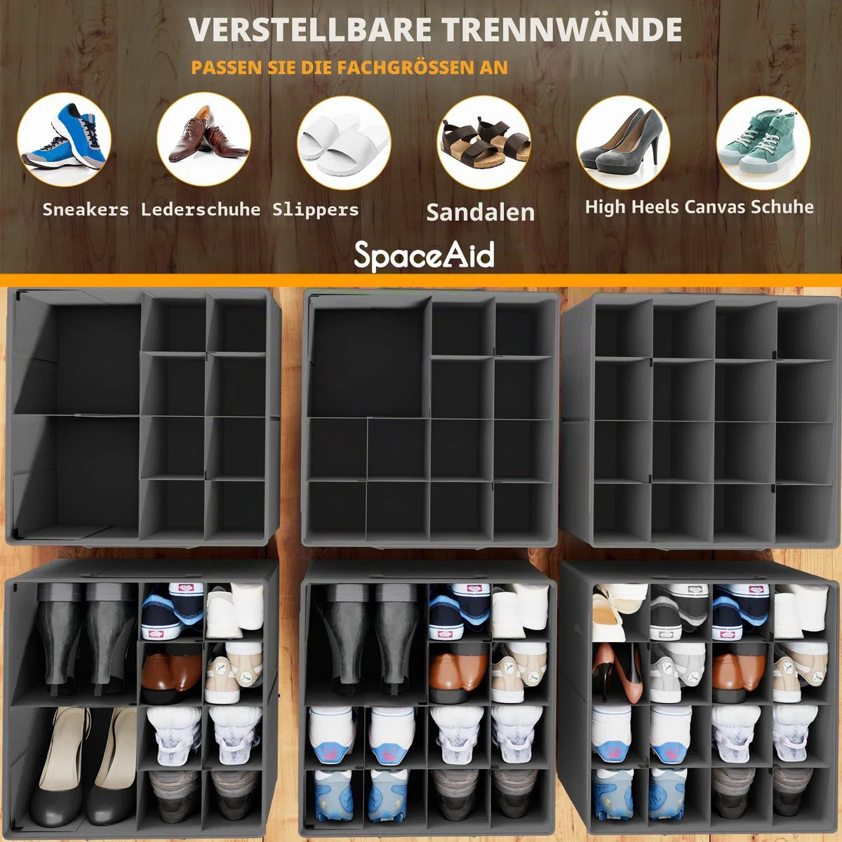 SpaceAid Schuh-Organizer für Schrank, faltbare Schuhaufbewahrungsbehälter, Körbe, Boxen mit verstellbaren Trennwänden, passend für 16–32 Paar, grau