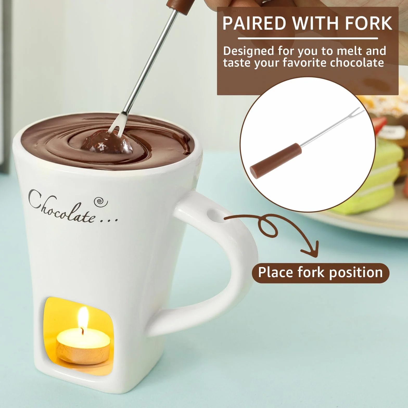 2 Stück Keramik Schokofondue Tasse,Becher zum Schmelzen von Schokolade mit Gabel,200ml Schokoladen Fondue Becher Set,Mehrzweck Schokoladenfondue Becher für Käse,Schokolade,Butter und Karamell
