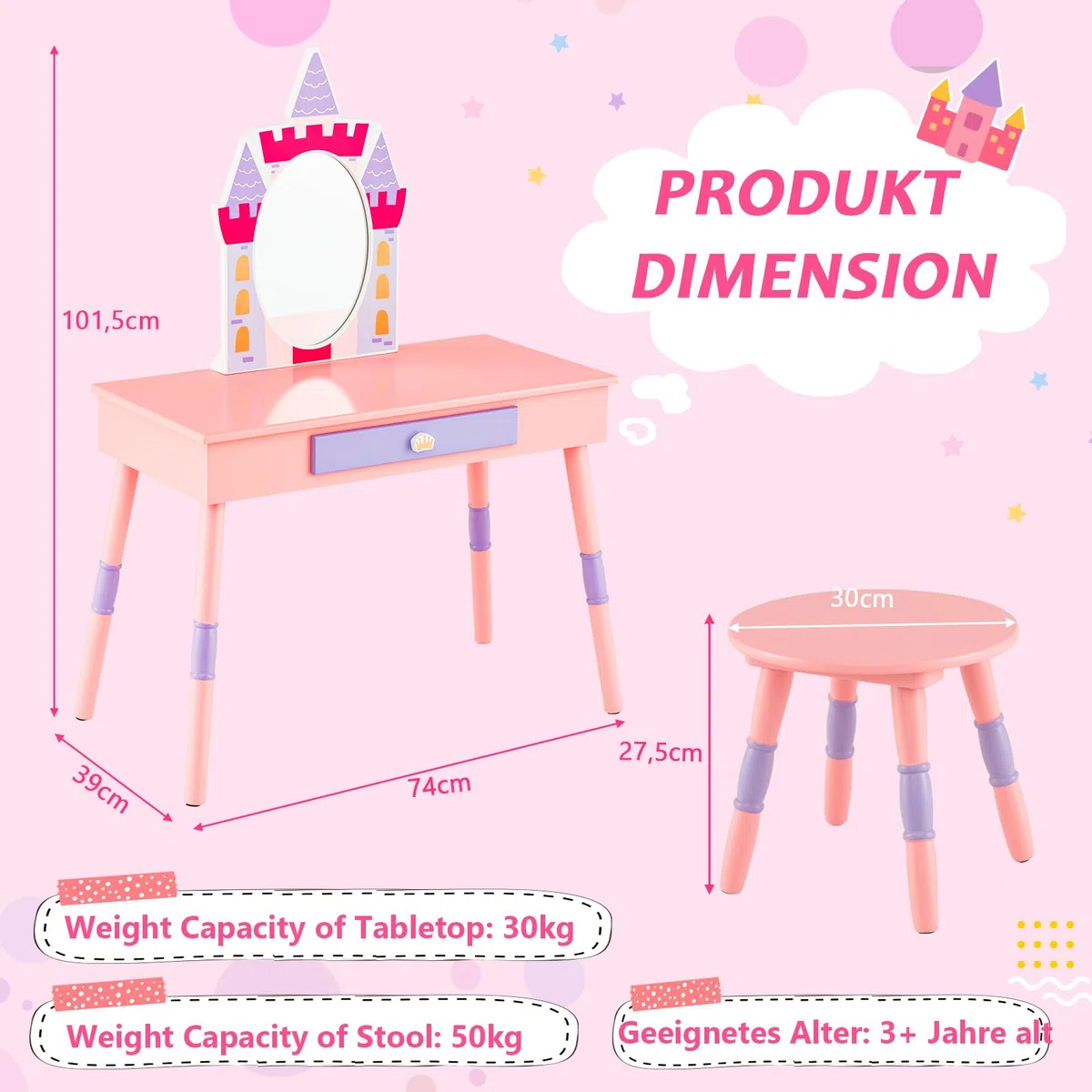 GOPLUS Kinder Schminktisch mit Spiegel, Prinzessin Frisiertisch mit Wachstumstabelle, Türhänger, Kleiderhaken & Wandregal, Kosmetiktisch Holz mit Hocker, Mädchen