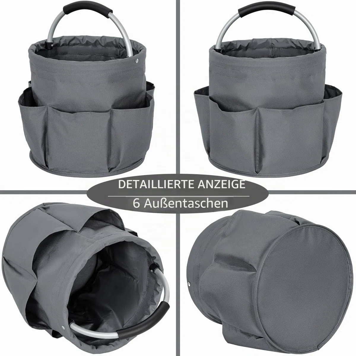 Reinigungs-Caddy-Organizer mit Griff, faltbar, Grau | Reinigungseimer, Werkzeugtasche mit mehreren Taschen, Für Reiniger und Haushälter