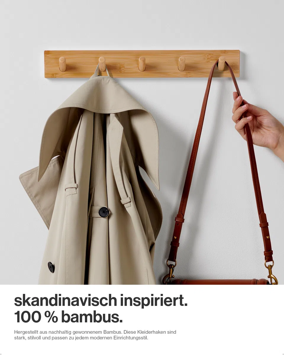 LARHN Garderobenhaken Holz (2 Stück) - Garderobenleiste Holz mit 5 Haken - 43 cm - Kleiderhaken Wand - Wandgarderobe für Flure, Garderoben, Schlafzimmer und Badezimmer