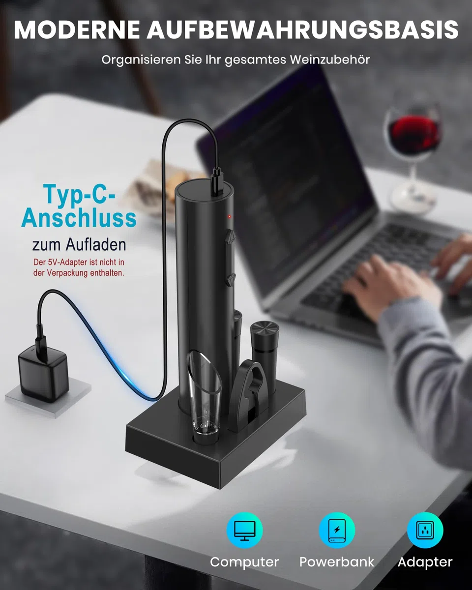 Elektrischer Korkenzieher Wein, Wiederaufladbarer Elektrischer Weinöffner Geschenk Set mit Flaschenöffner, Aufbewahrungsbasis, Weinausgießer, 2 Wein Vakuumpumpe, Kapselschneider und USB-Kabel