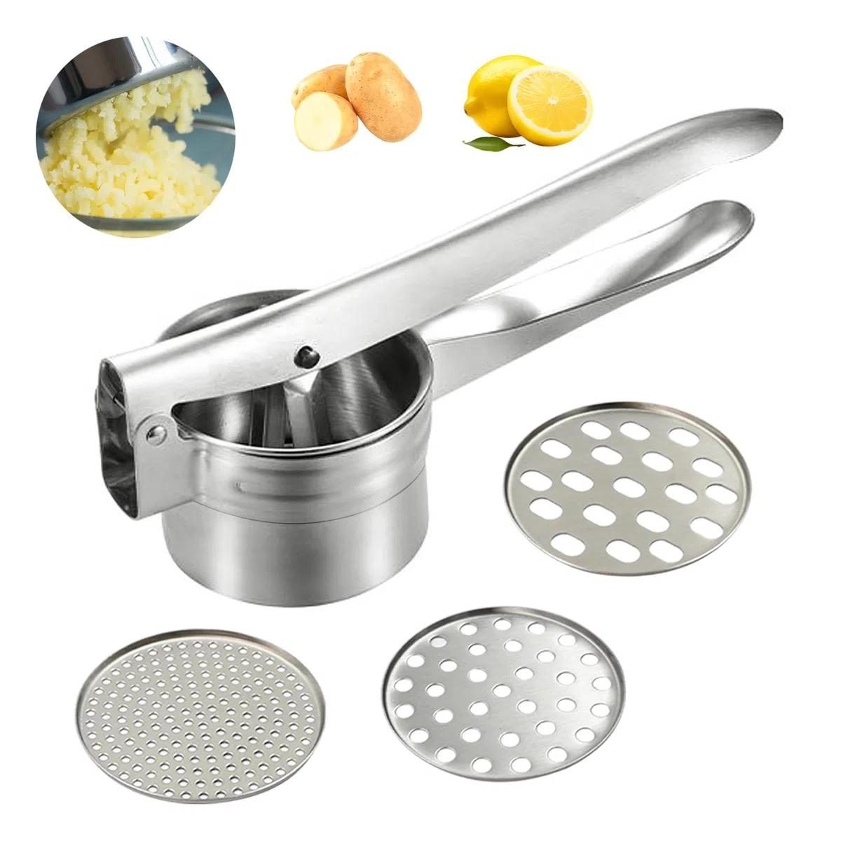 Kartoffelpresse aus Edelstahl, Spätzlepresse Kartoffelstampfer Set für Kartoffelpüree, Obstsäfte, Gemüsebrei, mit 3 Lochscheiben (Fein/Mittel/Grob), Spülmaschinenfest, Länge 27cm
