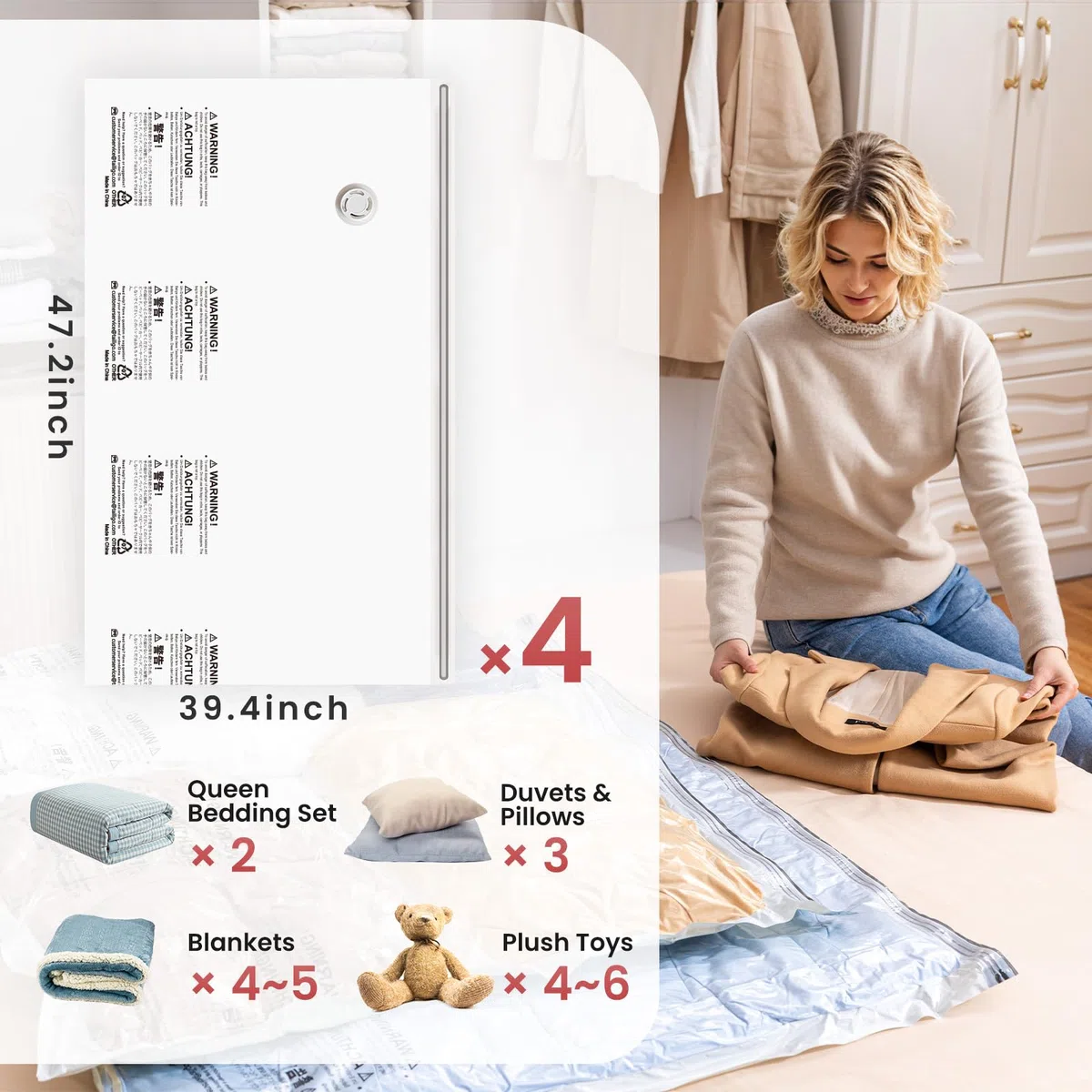 TAILI Vakuumbeutel für Bettdecken 4 Stück Super Groß 120 X 100 CM Vakuumierbeutel für Kleidung, Decke, Bettwäsche, Platz Sparen Aufbewahrungsbeutel für Reisen Und Tägliche Aufbewahrung